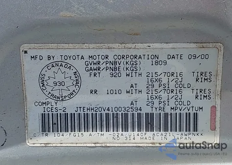 2001 Toyota Rav4 из США, поврежденный, VIN JTEHH20V410032594